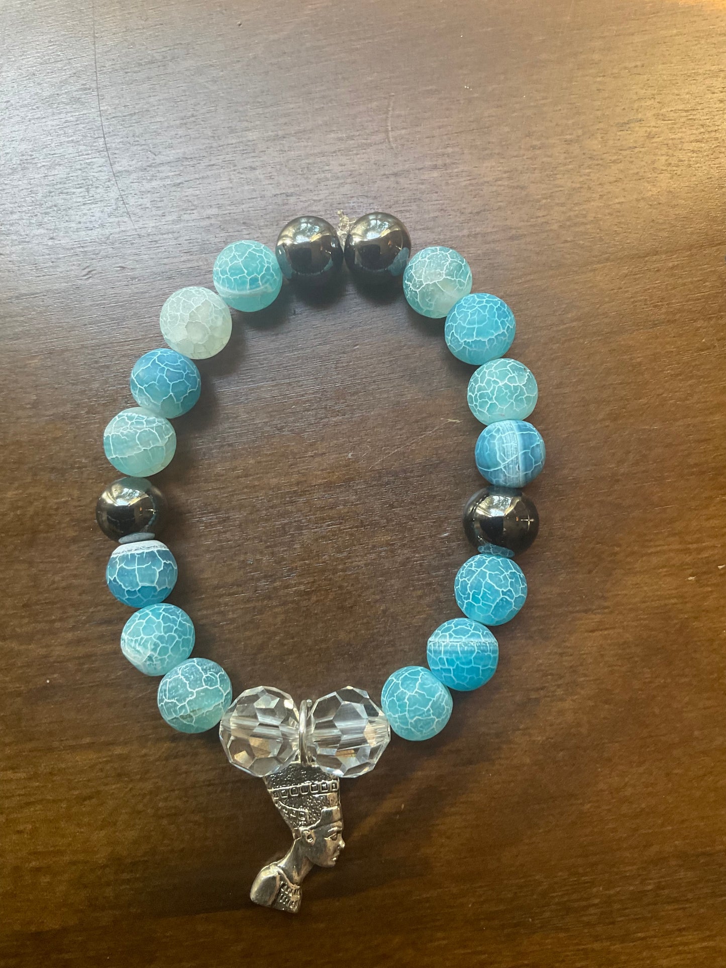 Nefertiti Blue Snakeskin Agate, Titanium Hematite & Clear Quartz Bracelet