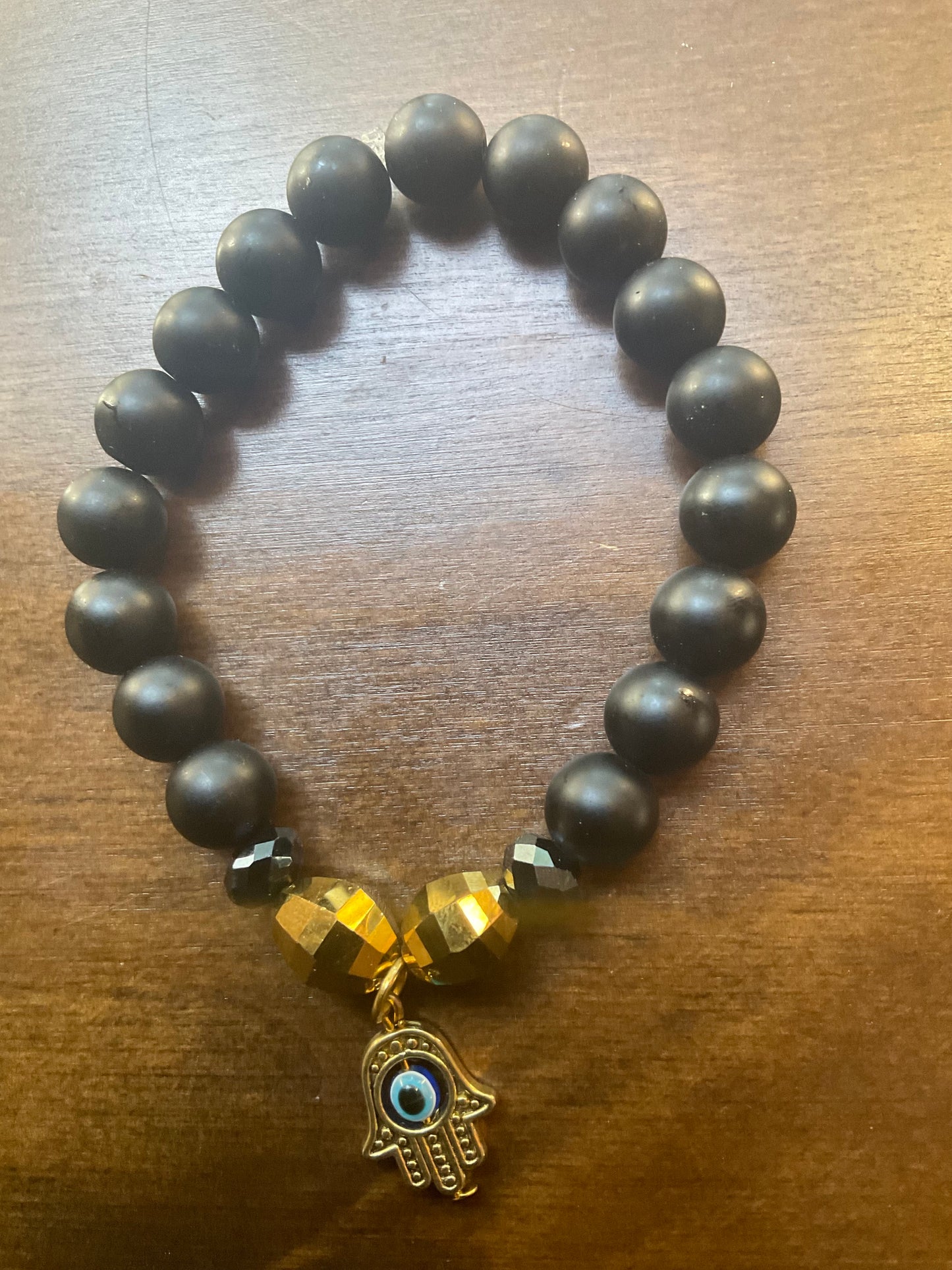 Matte Black Onyx Hamsa Bracelet with Glass