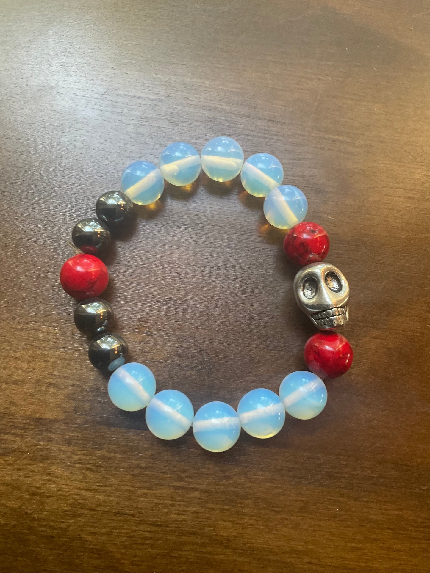 Opalite & Red Fossil Coral Titanium Hematite Stainless Steel Charm Bracelet