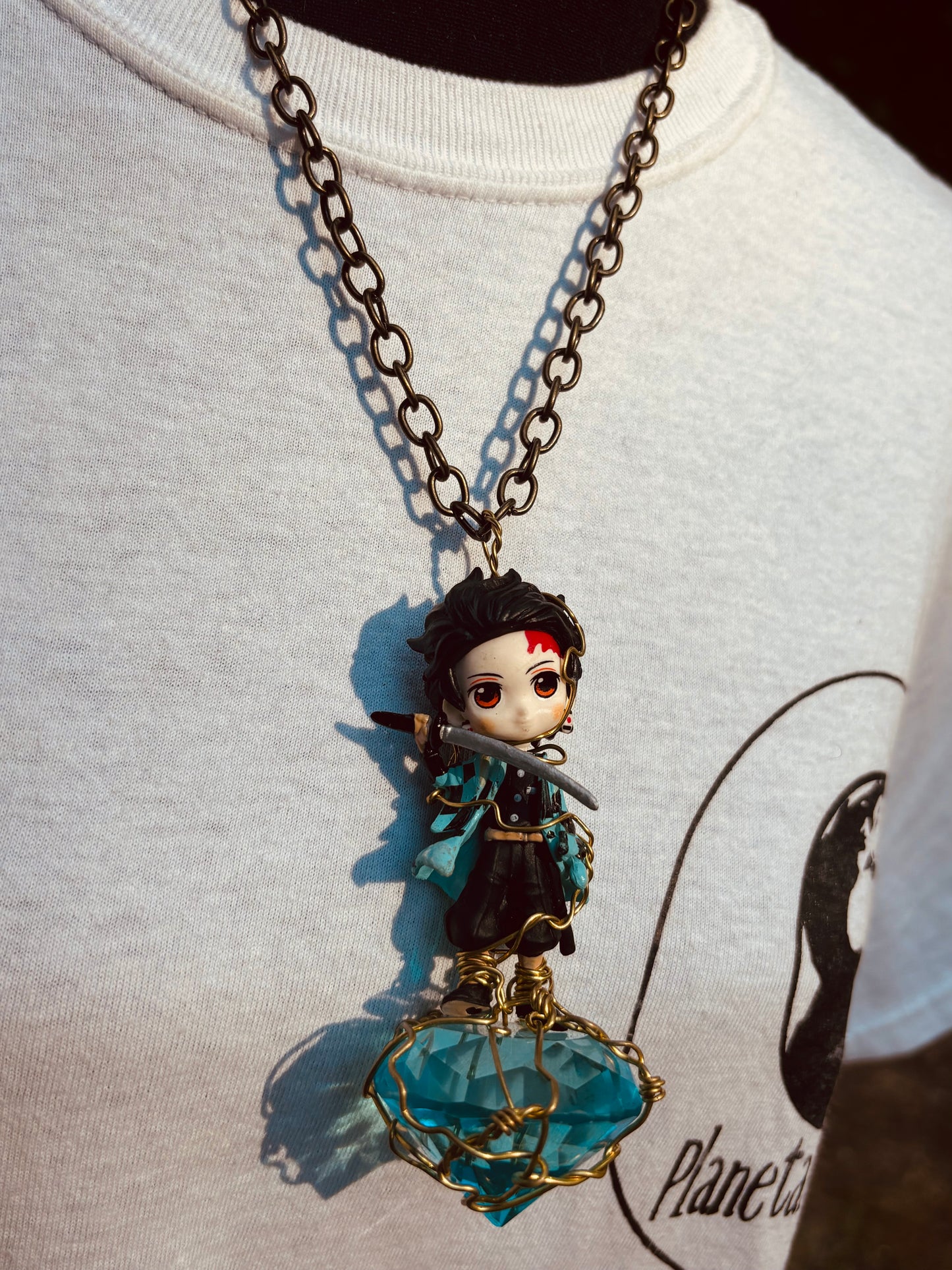 Tanjiro Demon Slayer Brass Necklace with Faceted Glass Diamond