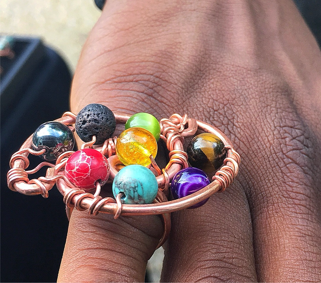 Copper Galaxy Ring with Tiger’s Eye, Green Jade, Titanium Hematite, and Lava Rock