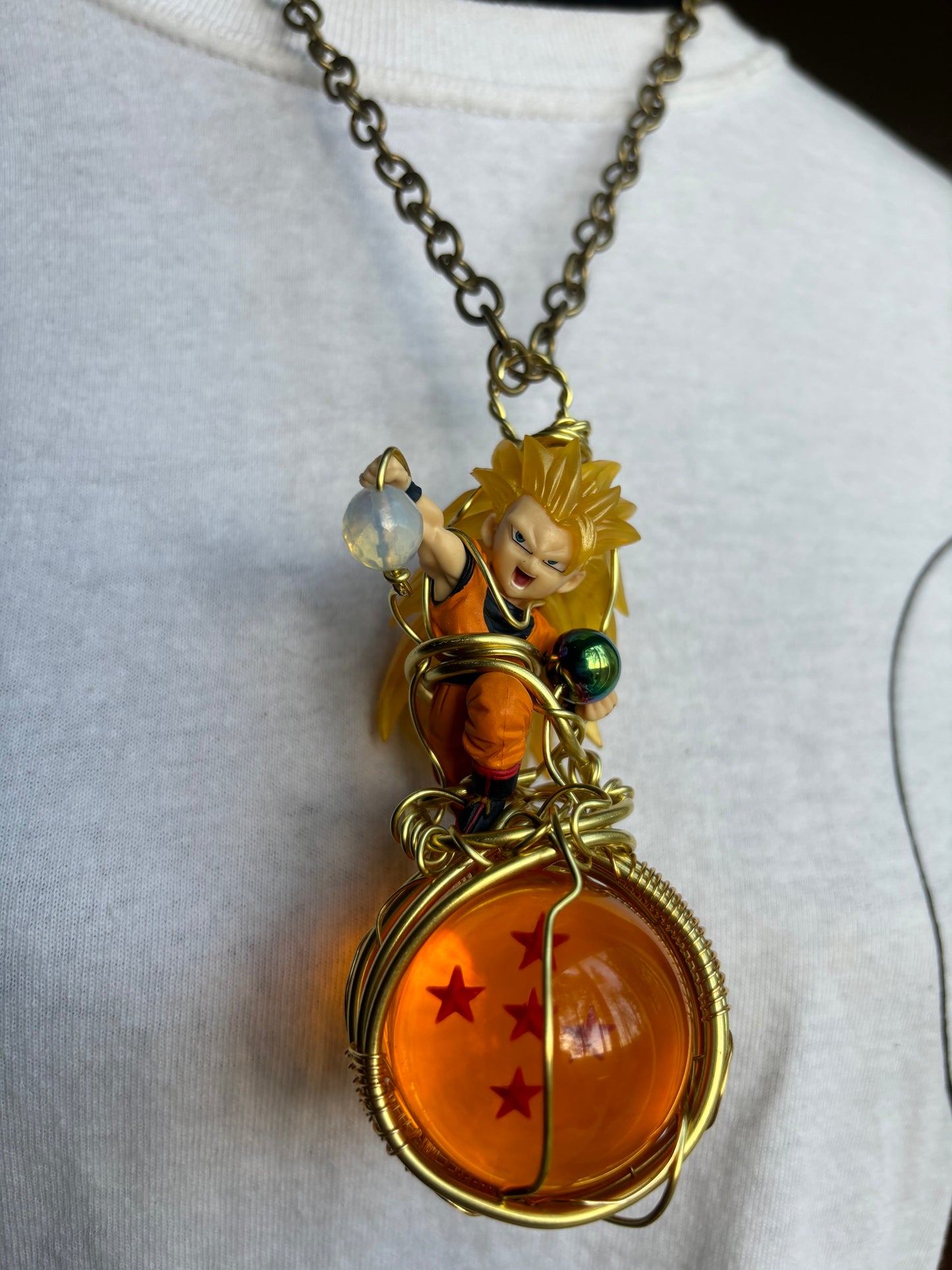 Super Saiyan 3 Goku Brass Opalite & Hematite Dragon Ball Necklace
