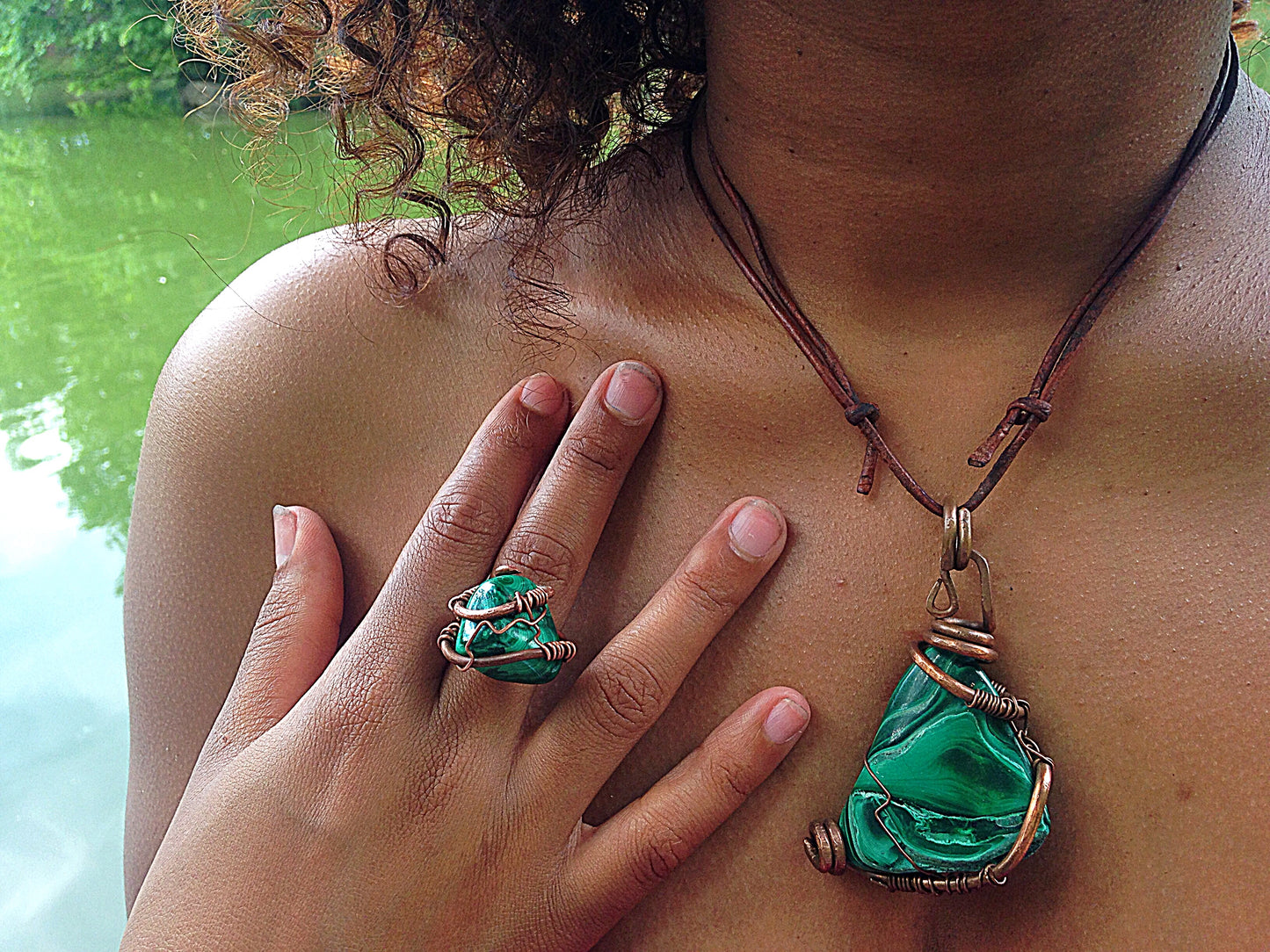 Malachite Copper Necklace & Ring Set