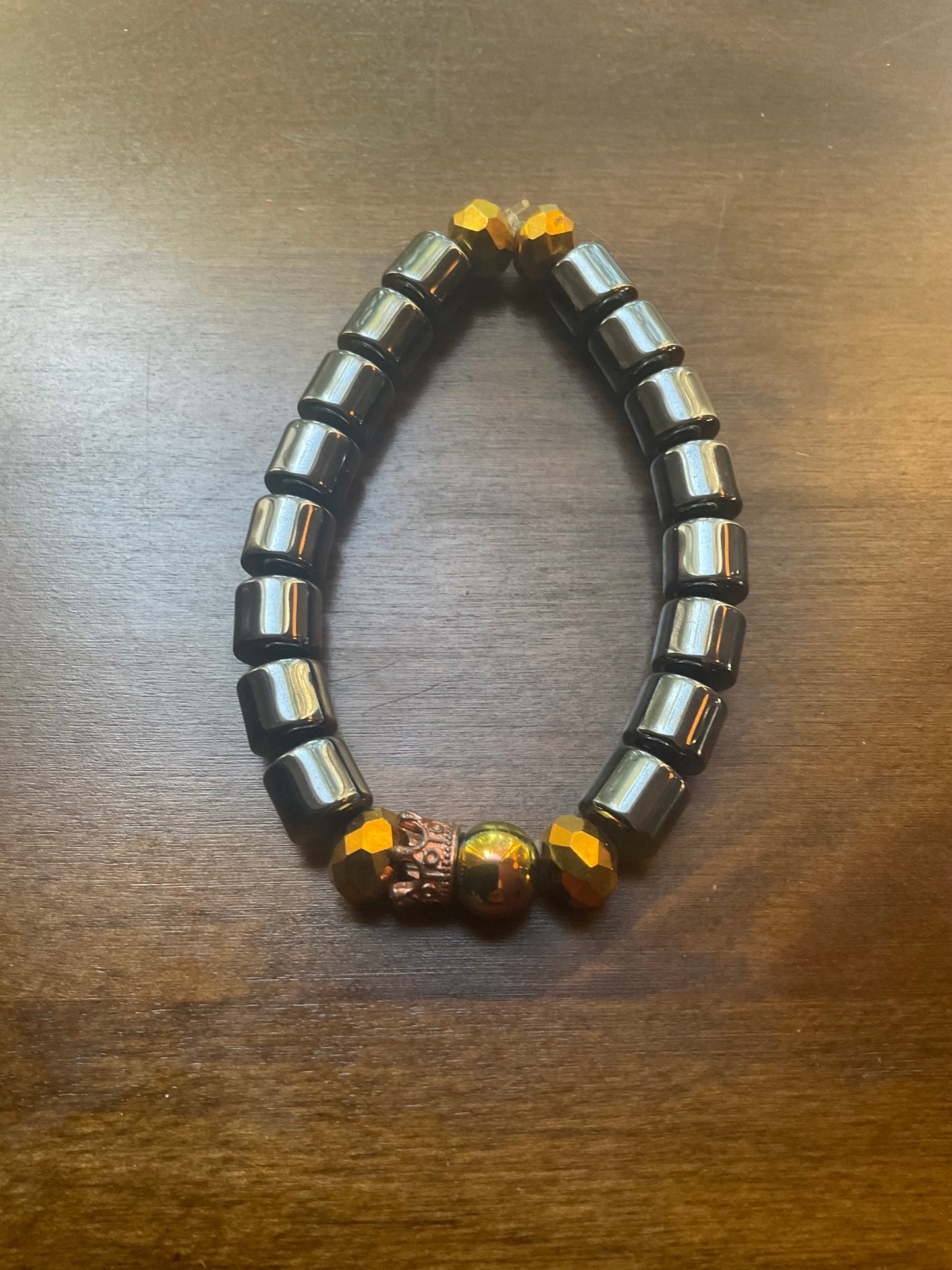 Hematite & Faceted Glass Stainless Steel Crown Bracelet