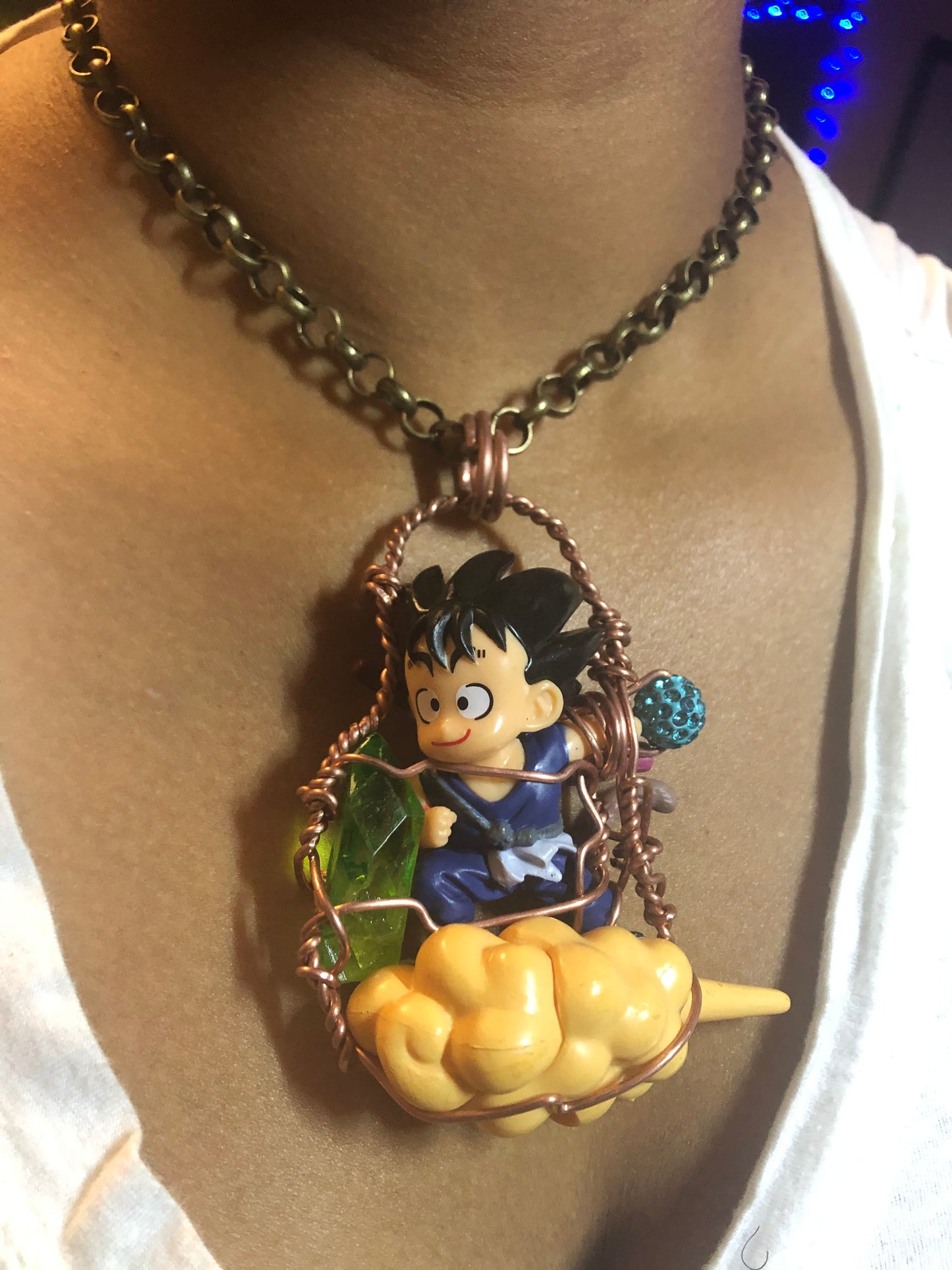 Son Goku on Nimbus Dragon Ball with Green Apple Quartz Copper Necklace
