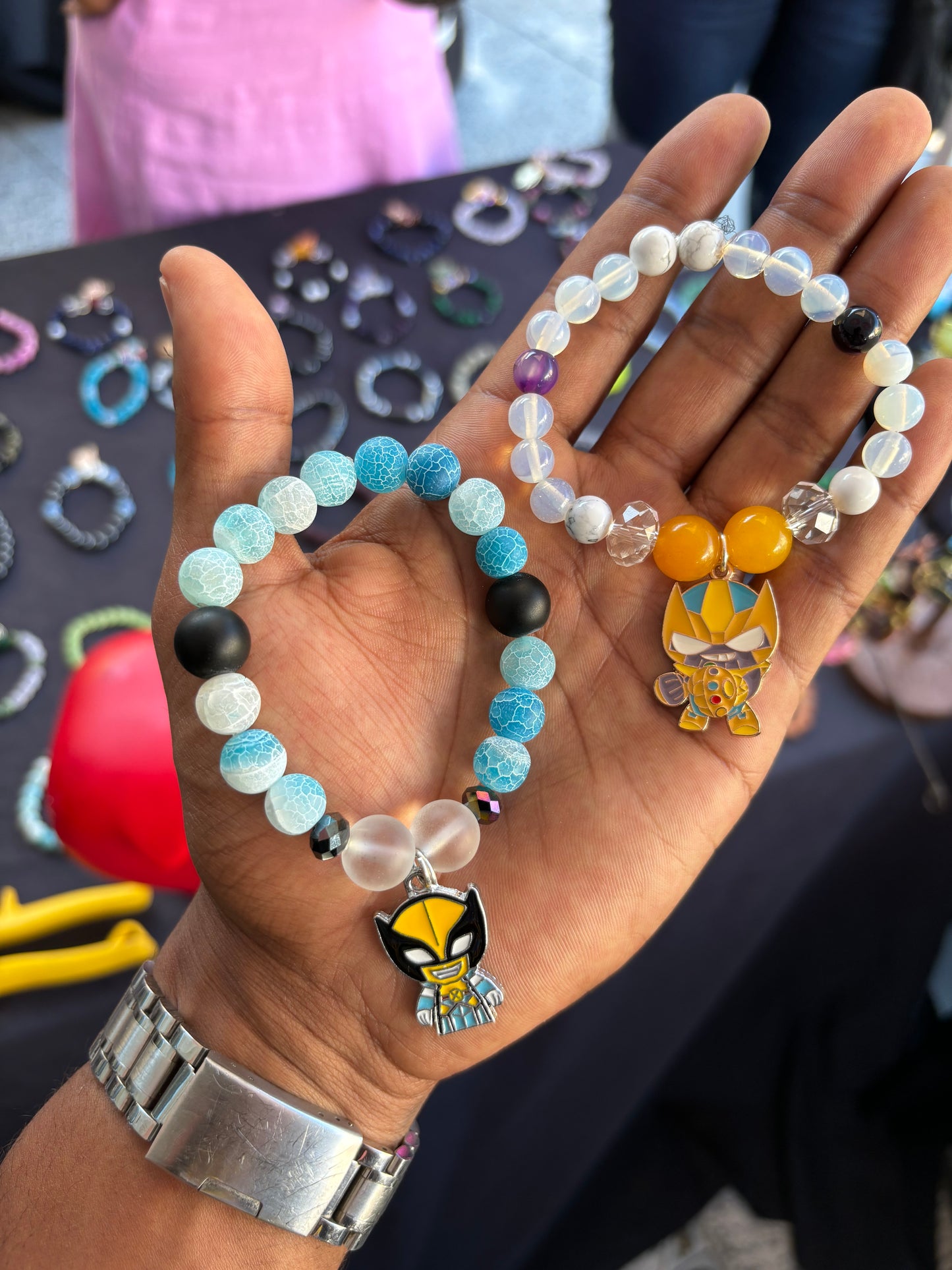 Wolverine Blue Snakeskin Agate/Clear Quartz Bracelet and Thanos Opalite/Howlite Bracelet