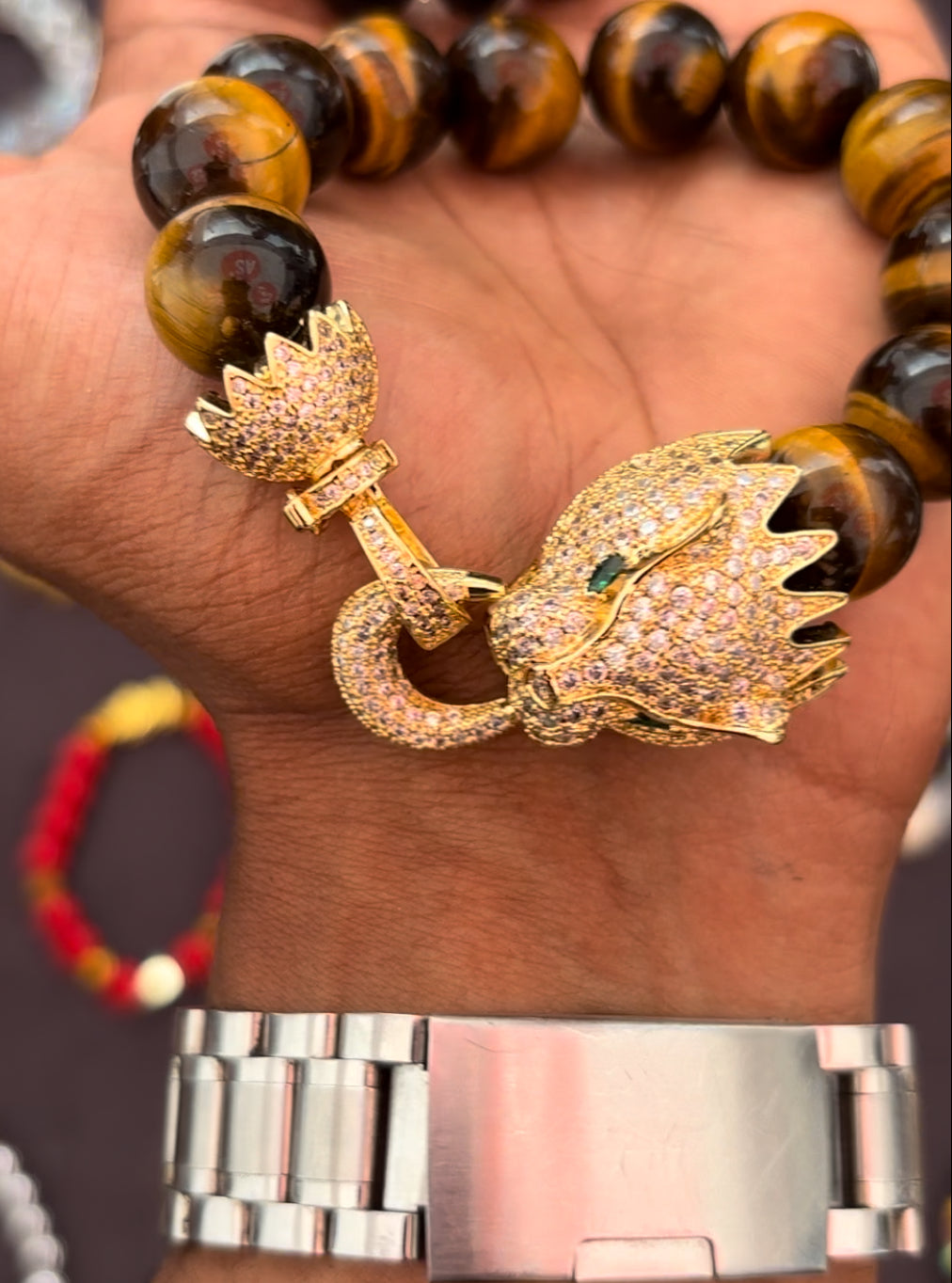 Tibetan Dragon Charm Stainless Steel and Tiger’s Eye Bracelet