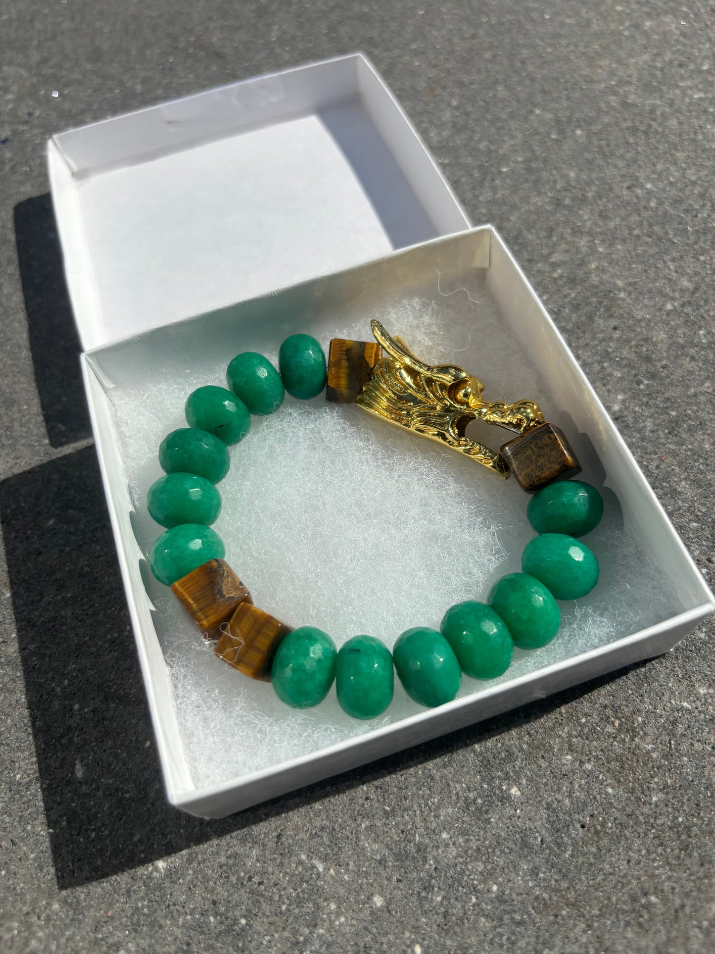 Green Jade & Cubed Tiger’s Eye Dragon Eye Bracelet