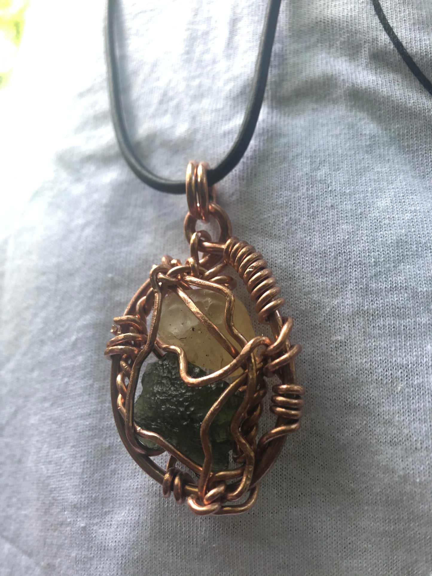 Moldavite & Lybian Desert Glass Cluster Copper Amulet