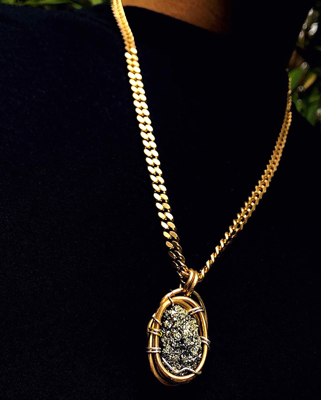 Large Brass Cuban Link Pyrite Necklace