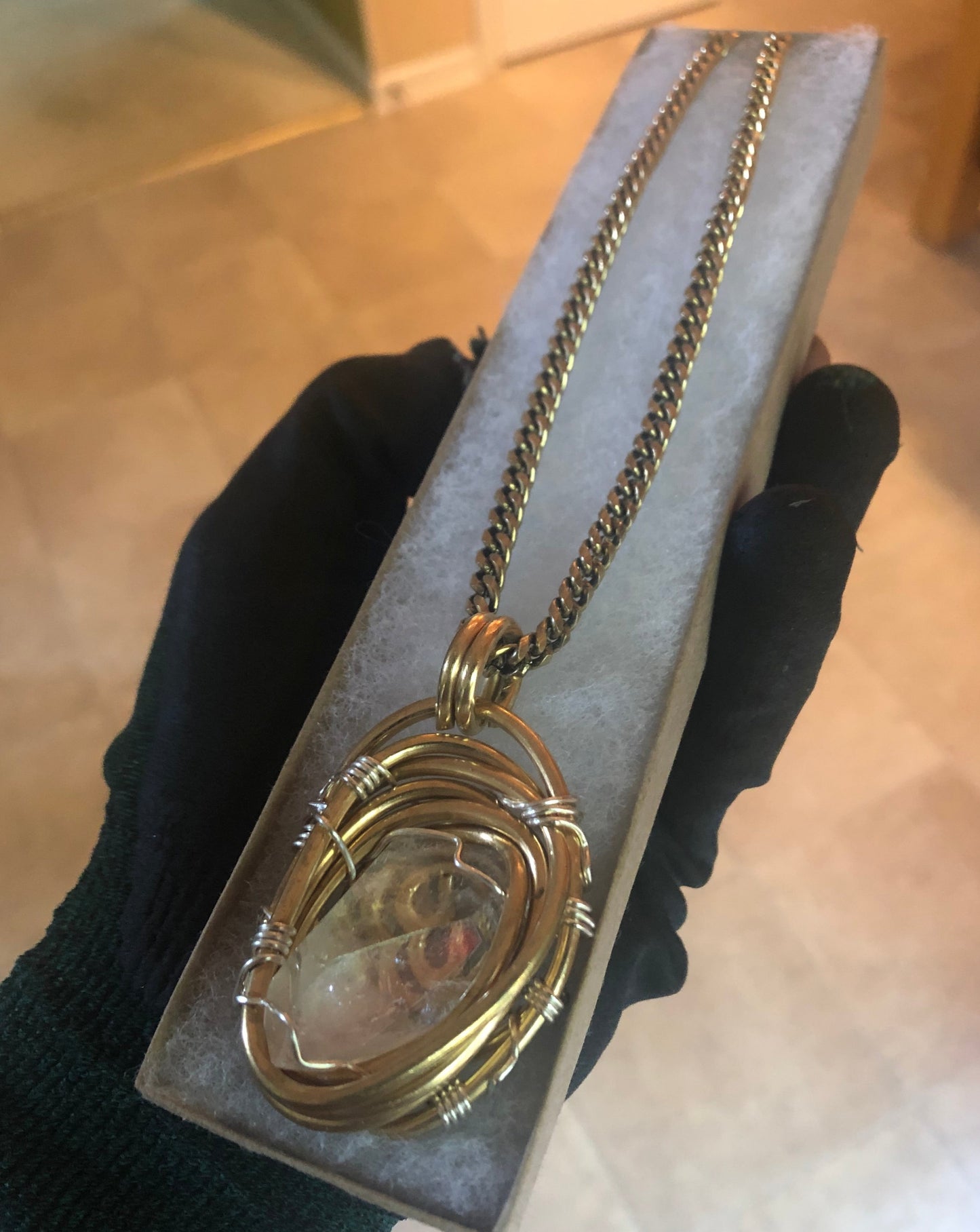 Clear Quartz Brass & Silver Cuban Link Necklace