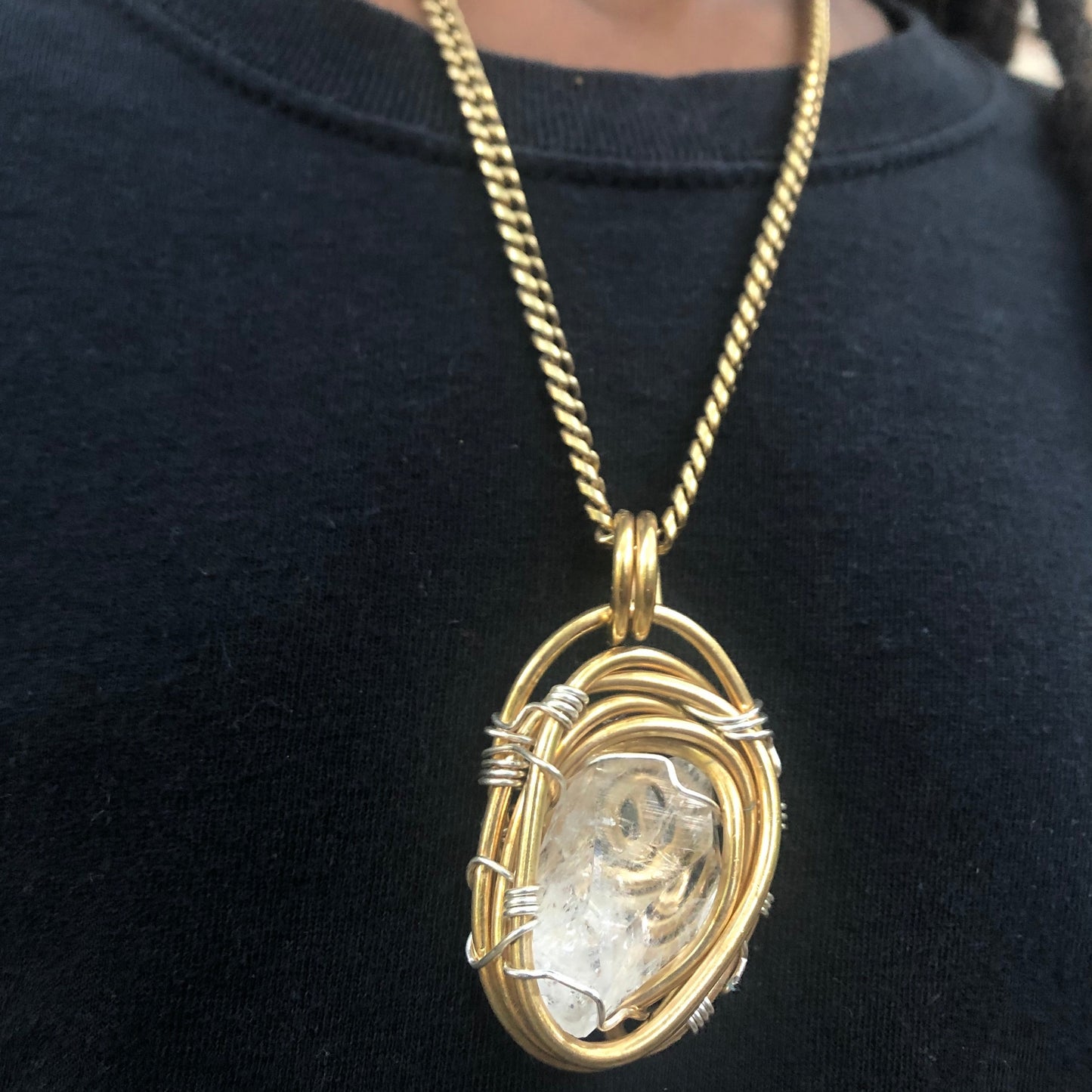 Clear Quartz Brass & Silver Cuban Link Necklace