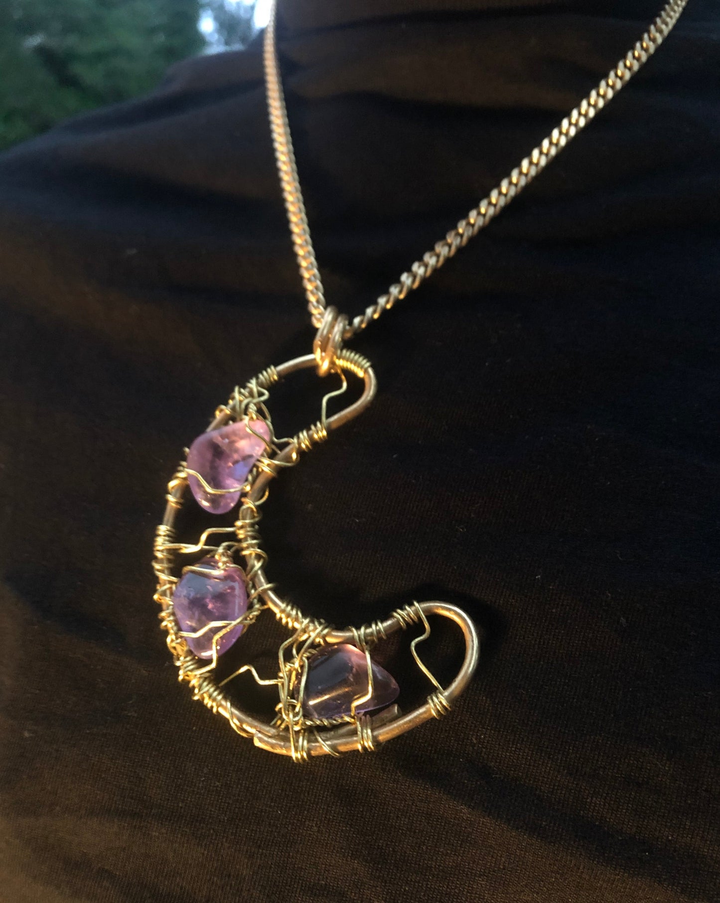 Amethyst Crescent Moon Brass Amulet Necklace