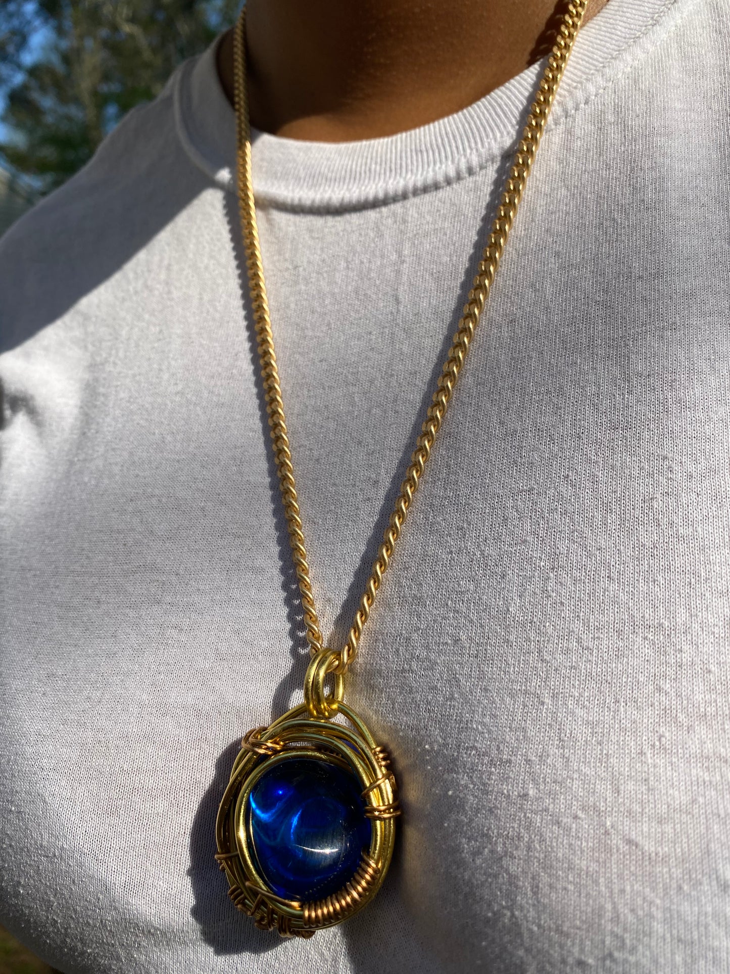 Indigo Blue Obsidian Brass Cuban Link Chain