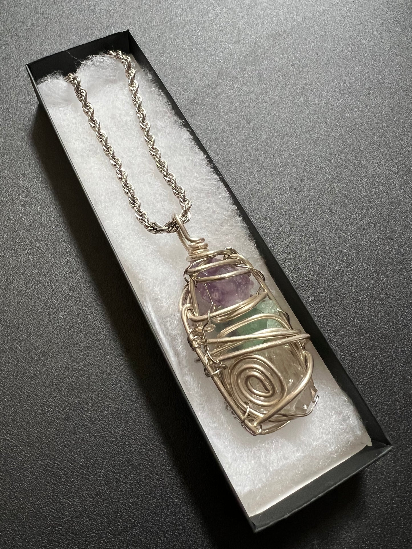Sterling Silver Amethyst, Flourite and Clear Quartz Totem Pendant