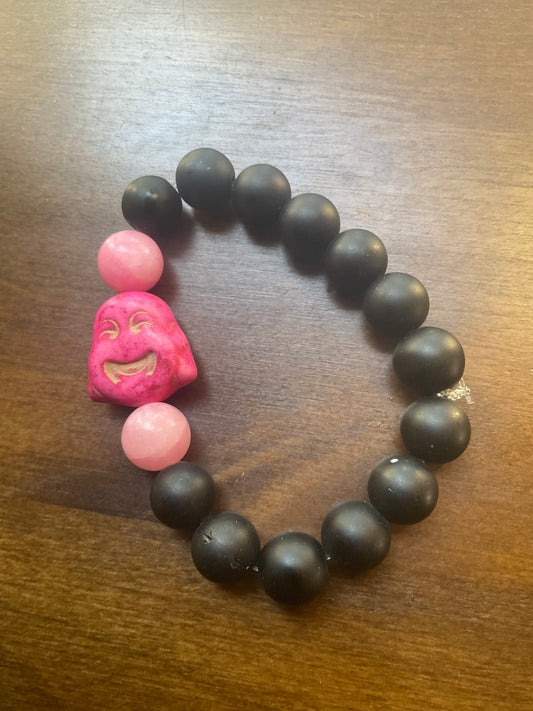 Matte Onyx & Rose Quartz Bracelet with Pink Resin Buddha Head