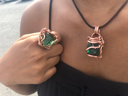 Emerald Green Obsidian Copper Jewelry Set