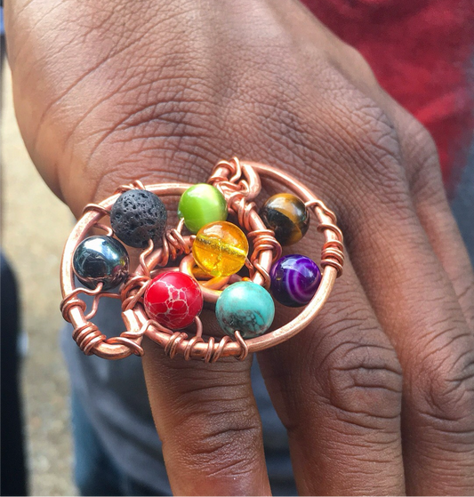 Copper Galaxy Ring with Tiger’s Eye, Green Jade, Titanium Hematite, and Lava Rock