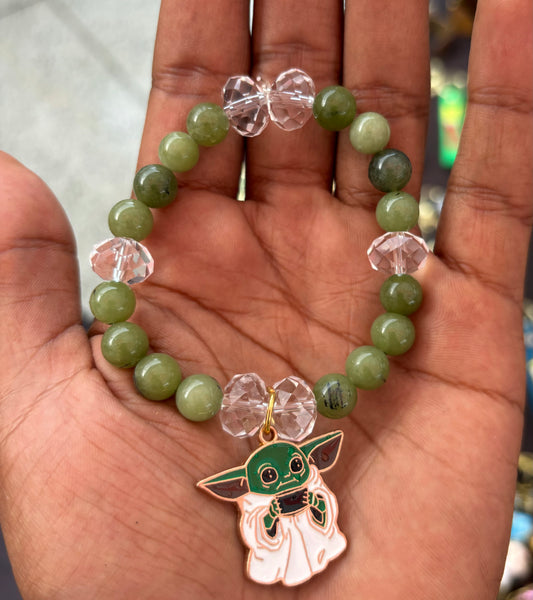 Baby Yoda Green Jade, Clear Quartz, and Stainless Steel Bracelet