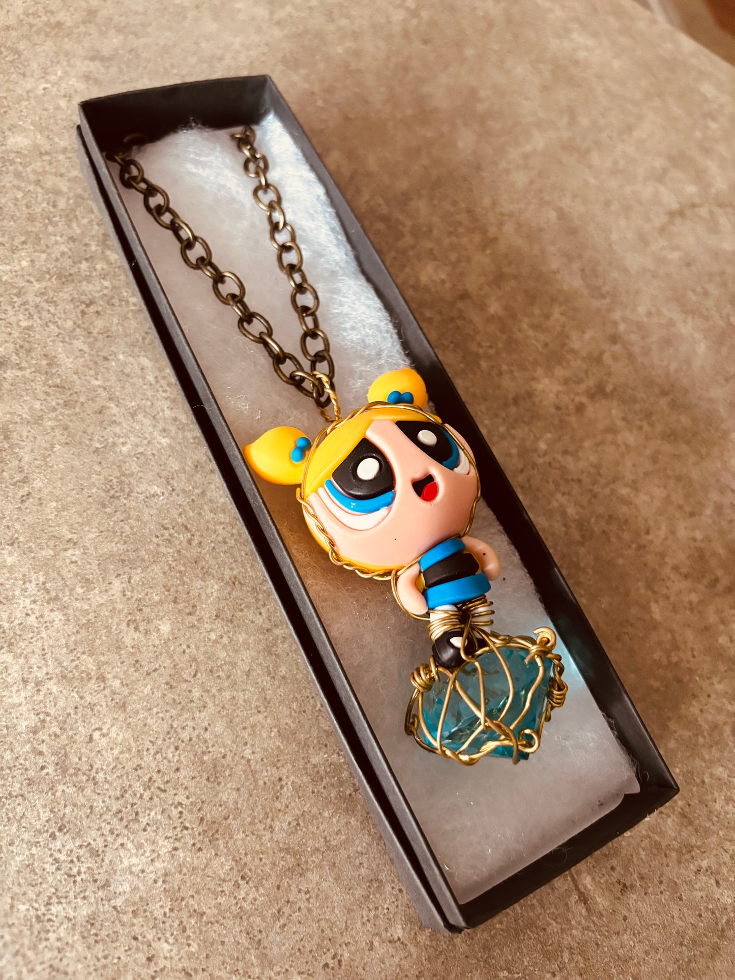 Bubbles Powerpuff Girls Brass Faceted Blue Glass Diamond Necklace