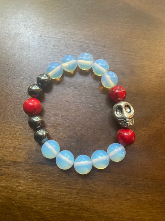 Opalite & Red Fossil Coral Titanium Hematite Stainless Steel Charm Bracelet