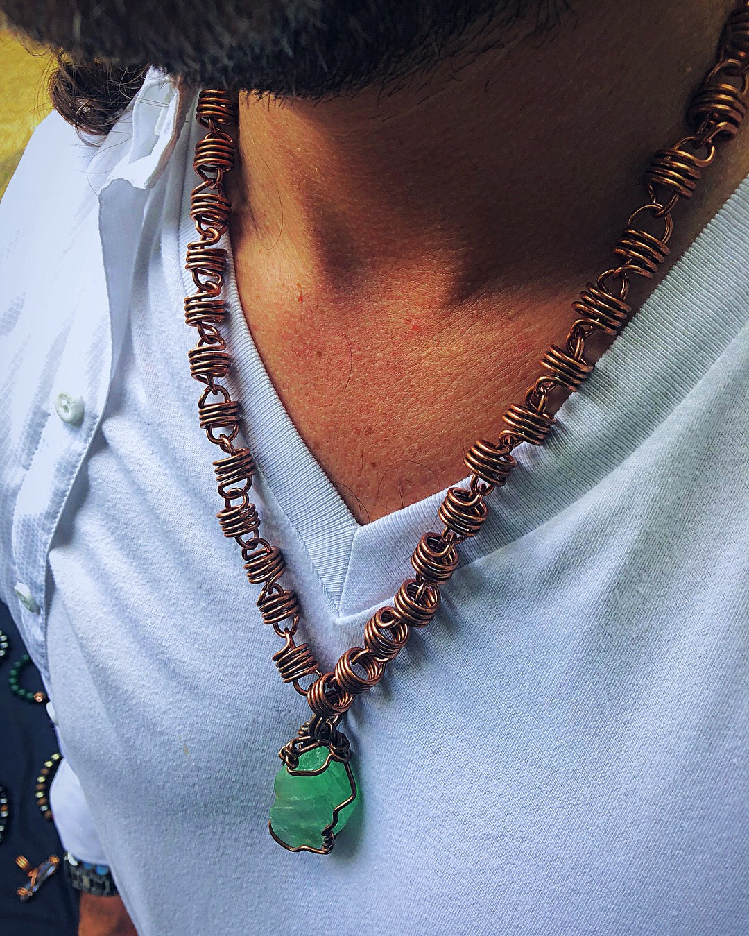 Conductor Coil Copper Chain with Green Apple Aura Quartz