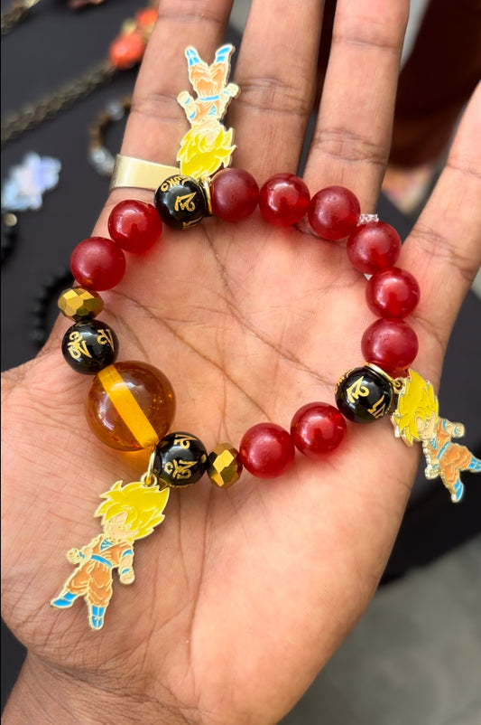 Goku Super Saiyan Red Jade, Black Onyx, and Resin Dragon Ball Charm Bracelet