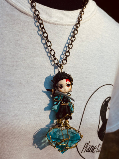 Tanjiro Demon Slayer Brass Necklace with Faceted Glass Diamond