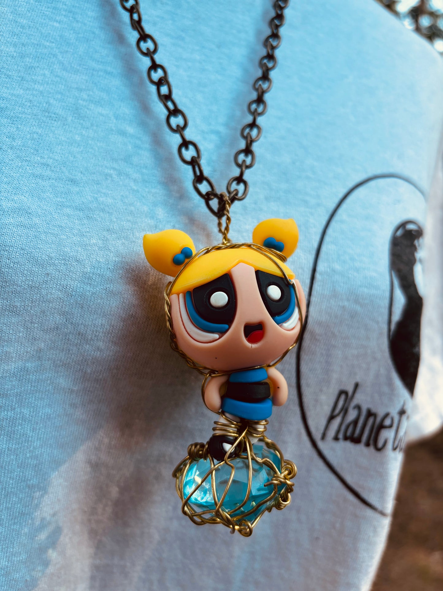 Bubbles Powerpuff Girls Brass Faceted Blue Glass Diamond Necklace