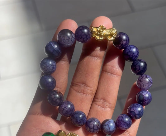 Purple Agate Bracelet with Stainless Steel and Brass Dragon Charm