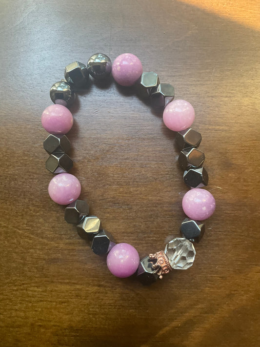 Purple Jade & Hematite Stainless Steel Crown Bracelet