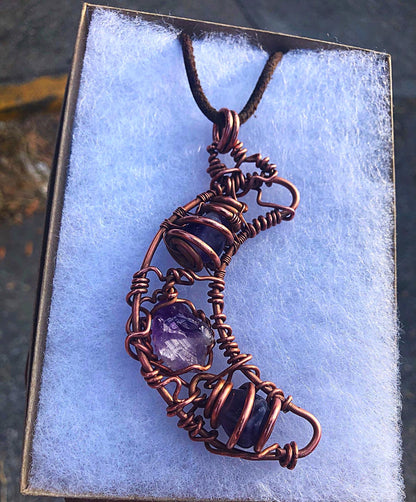 Amethyst Crescent Moon Copper Amulet Necklace