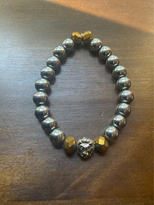 Titanium Hematite and Stainless Steel Lion Glass Bracelet