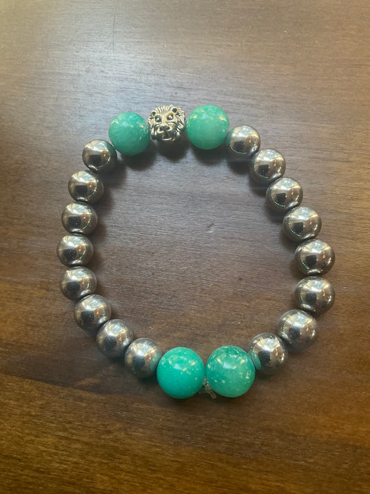 Titanium Hematite & Blue Jade Stainless Steel Lion Bracelet