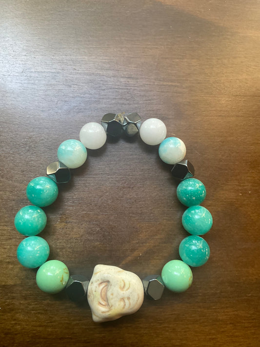 Amazonite & White Jade Hematite Resin Buddha Head Bracelet