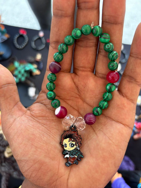 Demon Slayer Malachite, Pink Lace Agate, and Clear Quartz Bracelet