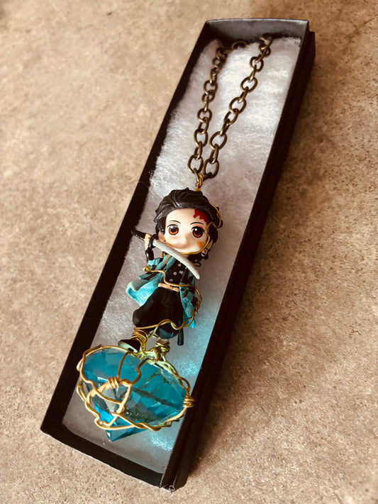 Tanjiro Demon Slayer Brass Necklace with Faceted Glass Diamond