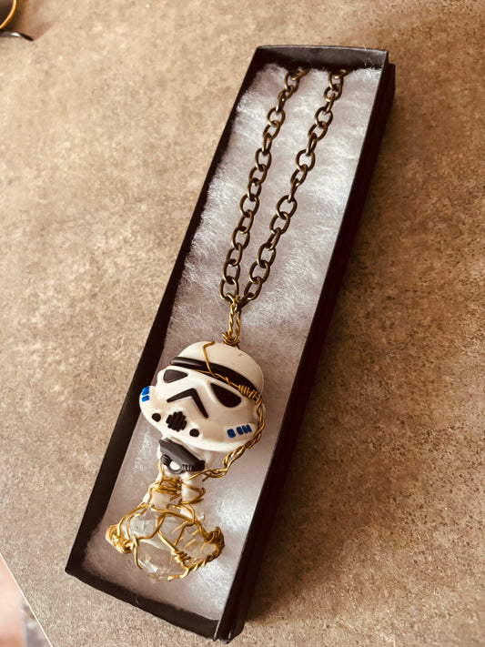Stormtrooper Star Wars Brass Necklace with Faceted Cut Glass Diamond