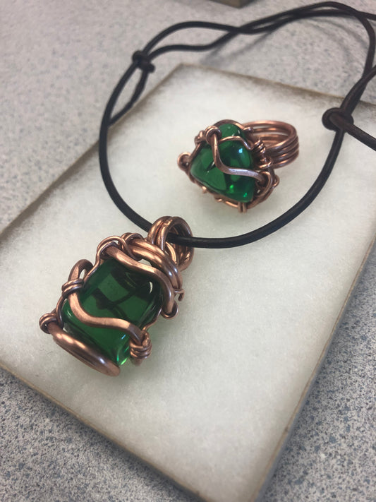 Emerald Green Obsidian Copper Jewelry Set