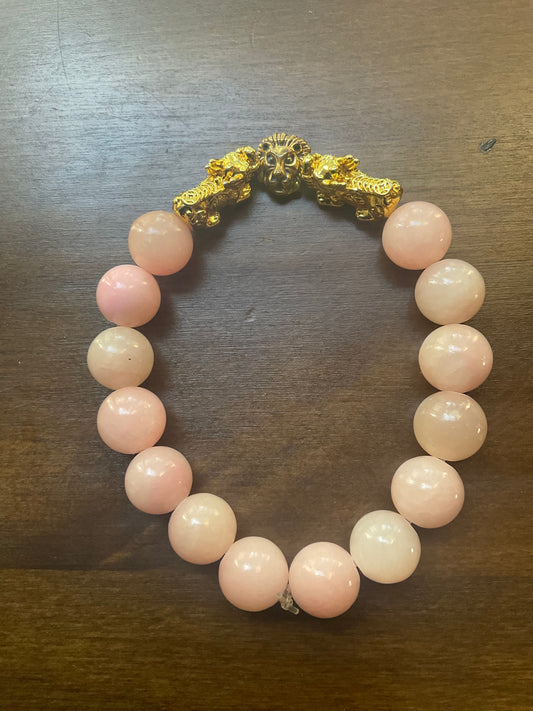 Rose Quartz Stainless Steel Lion Dragon Charm Bracelet