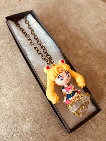 Sailor Moon Brass Faceted Diamond Glass Pendant Necklace