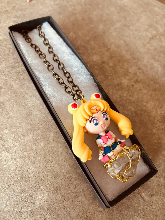 Sailor Moon Brass Faceted Diamond Glass Pendant Necklace