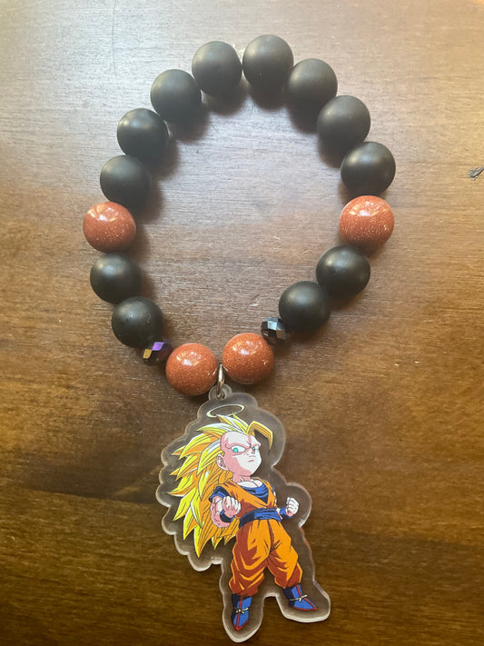 Matte Black Onyx and Gold Glass Super Saiyan 3 Bracelet