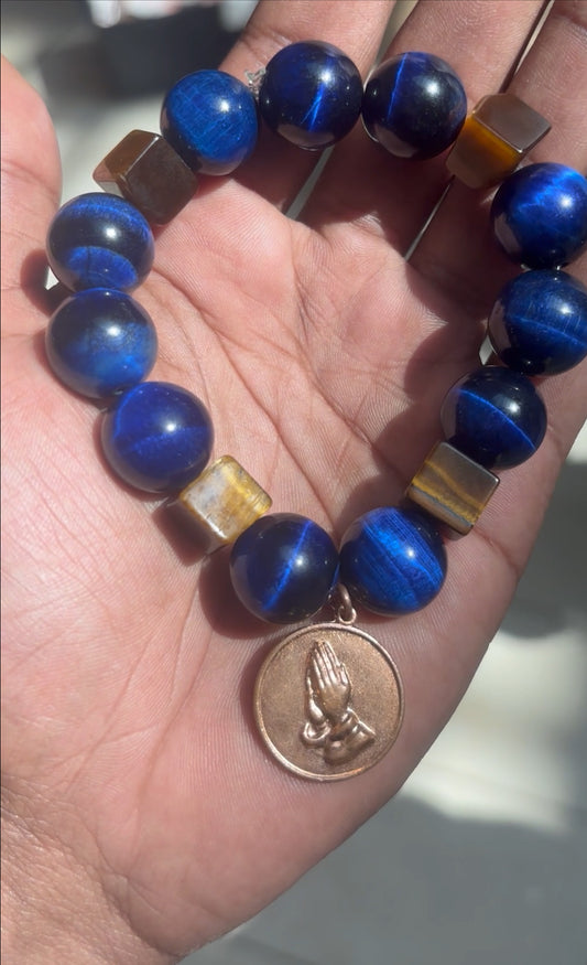 Serenity Prayer Blue Hawk’s Eye and Cubic Tiger’s Eye Bracelet – 12mm Beads