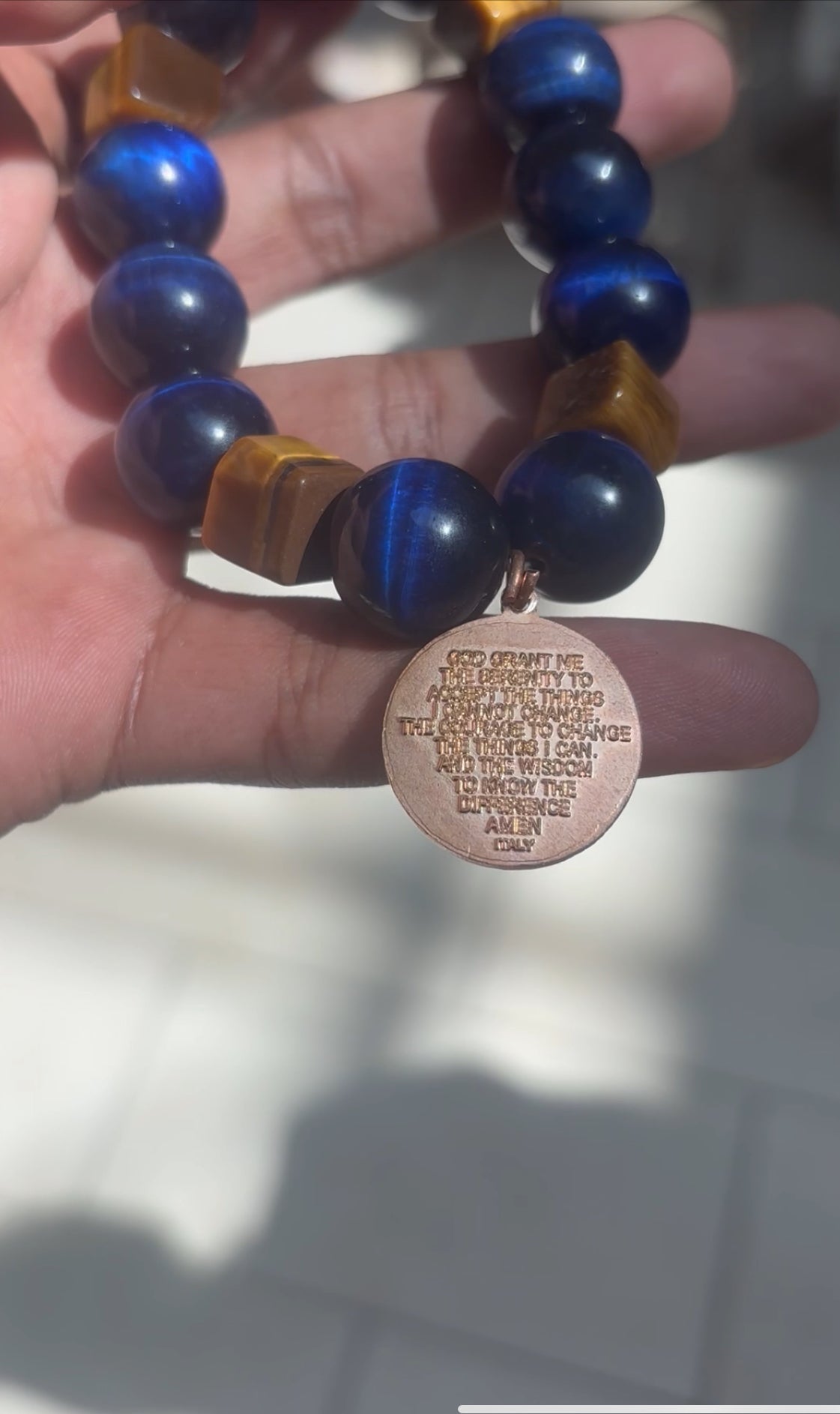 Serenity Prayer Blue Hawk’s Eye and Cubic Tiger’s Eye Bracelet – 12mm Beads