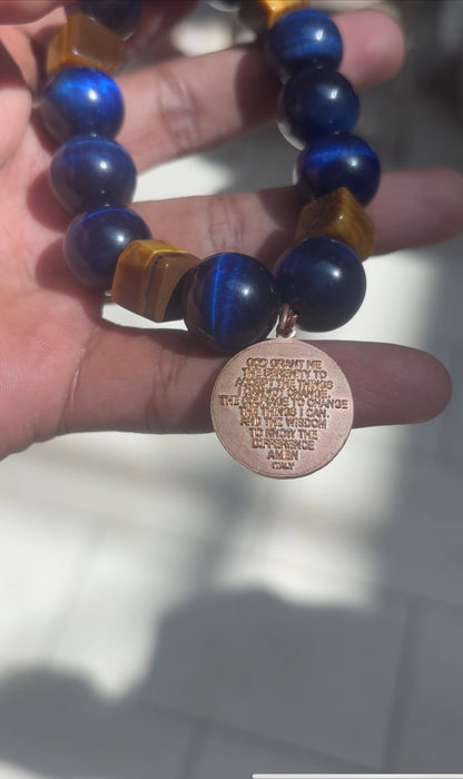 Serenity Prayer Blue Hawk’s Eye and Cubic Tiger’s Eye Bracelet – 12mm Beads
