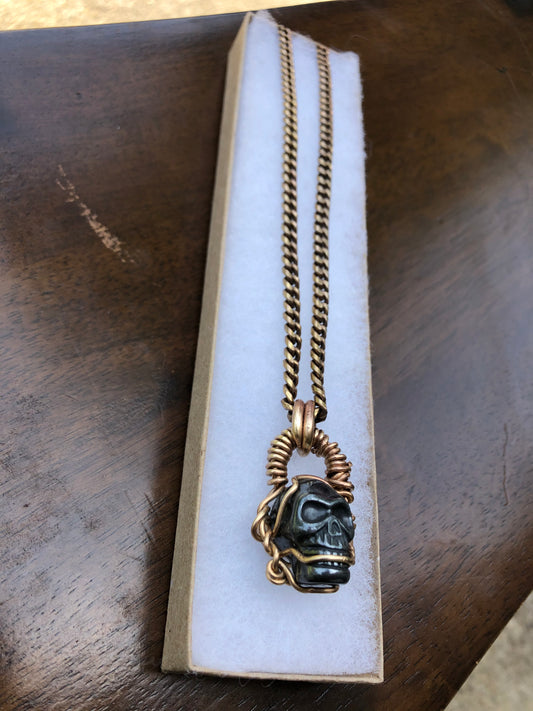 Hematite Brass Skull Amulet
