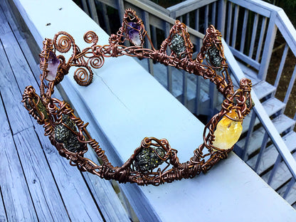 Copper Chakra Crown with Amethyst, Pyrite, and Citrine