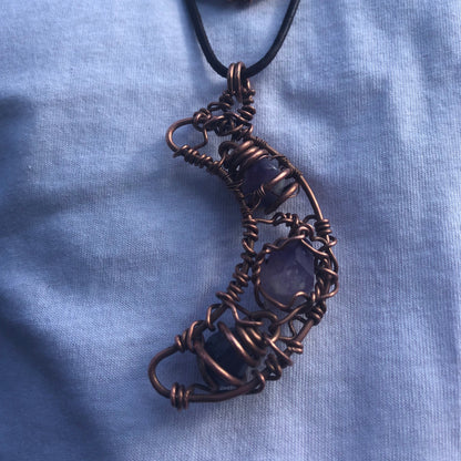Amethyst Crescent Moon Copper Amulet Necklace