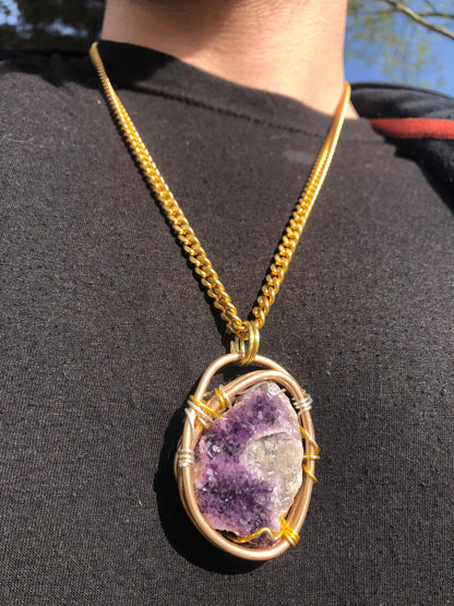 Amethyst Geode Brass Cuban Link Amulet